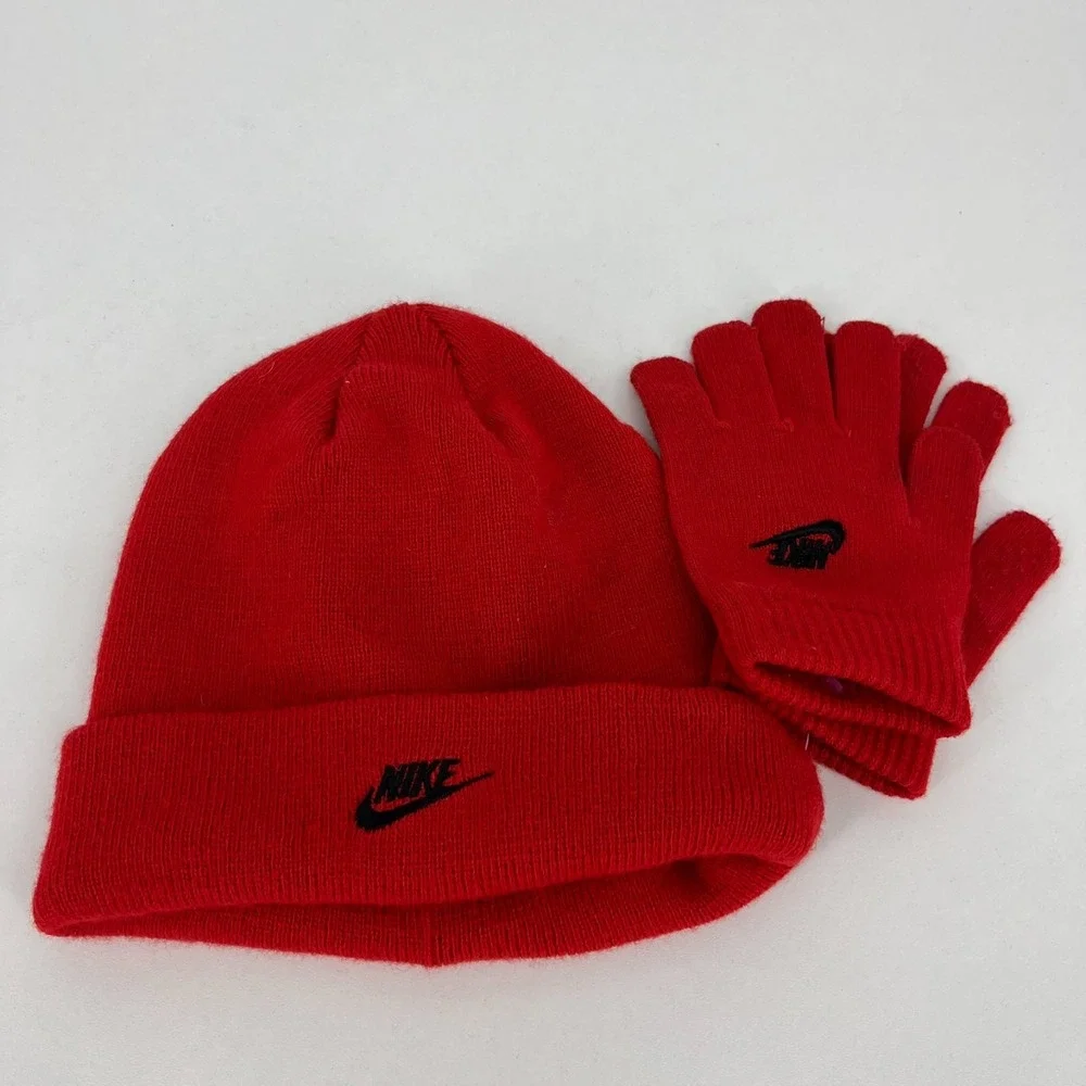 Nike Youth Red Knit Beanie and Gloves Set Embroidered Swoosh Logo
